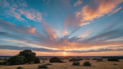 Aufkleber - Vibrant sunset sky landscape with dramatic cloud formations over fields and silhouettes of trees in the foreground capturing serene nature beauty.