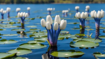 Poster - Water hyacinth flowers blooming amidst lush green lily pads in a serene lake setting reflecting nature's beauty and tranquility.