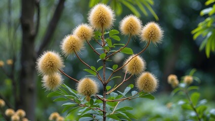 Aufkleber - Fluffy yellow seed pods on a Mimosa tree branch surrounded by lush green foliage in a tranquil garden setting.