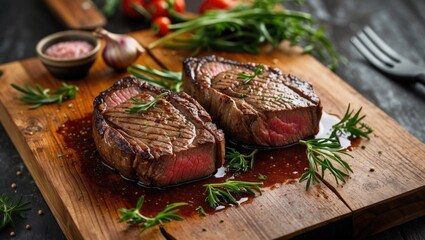 Aufkleber - Freshly Cooked Beef Steak Garnished with Herbs on Wooden Board with Space for Text in Restaurant or Culinary Presentation