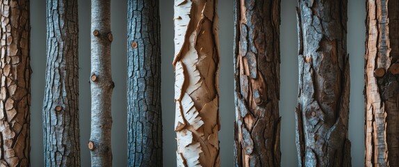 Aufkleber - Set of diverse tree trunks showcasing unique bark textures isolated on white background for natural design and background use.