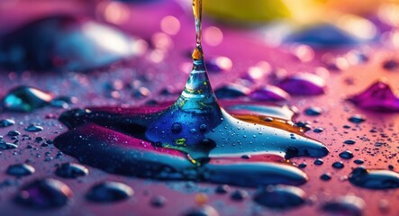 Poster - Vibrant watercolor drop with a glossy surface reflecting colorful hues on a textured background showcasing fluid movement and artistic expression