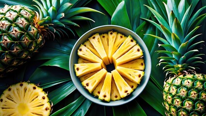Aufkleber - Freshly sliced pineapple arranged in a bowl surrounded by vibrant green leaves showcasing tropical fruits and natural beauty.