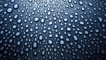 Poster - Metallic surface adorned with water droplets creating a textured background showcasing reflections and subtle lighting effects.