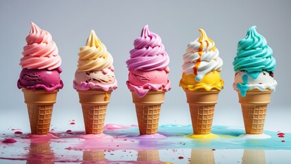 Aufkleber - Colorful Ice Cream Cones in Various Flavors with Melting Drips on White Background Ideal for Summer Promos and Dessert Advertisements
