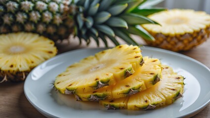 Aufkleber - Sliced Fresh Pineapple On White Plate With Whole Pineapple In Background Natural Lighting