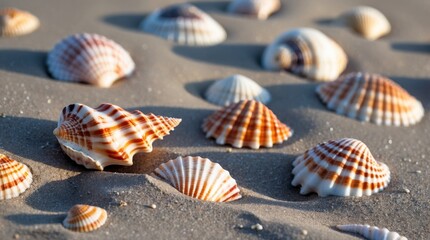 Aufkleber - Seashells scattered on sandy beach of Lake Powell showcasing intricate patterns and textures bathed in sunlight.