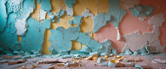 Poster - Rough textured walls with peeling paint and plaster in various colors creating an abstract background for renovation or artistic concepts