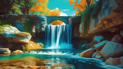 Poster - Serene waterfall cascading over stones with vibrant autumn foliage near an ancient stone bridge in a tranquil natural landscape.