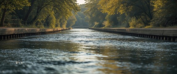 Poster - Tranquil waterway scene with lush green trees reflecting in calm waters and plenty of empty space for personalized text or messaging.