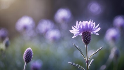 Poster - Purple Flower in Soft Focus Against Blurred Natural Background with Space for Text, Shallow Depth of Field Creating a Dreamy Atmosphere