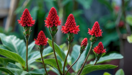 Aufkleber - Vibrant red exotic flower buds amidst lush green leaves in a tropical garden setting showcasing nature's beauty and diversity.