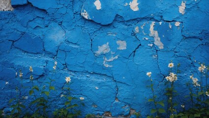 Poster - Cracked blue wall texture with floral accents showcasing vibrant colors and patterns suitable for backgrounds and design projects