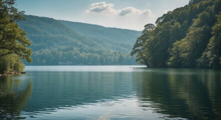 Aufkleber - Tranquil Lake Landscape with Lush Greenery and Misty Hills Under Bright Sky Ideal for Text Overlay or Inspirational Quotes