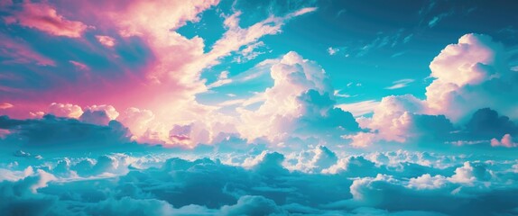 Aufkleber - Vibrant sky and fluffy white clouds with a beautiful gradient of pink and blue hues during sunset for a serene background atmosphere.
