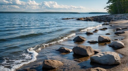 Poster - Serene lakeshore with gentle waves lapping against smooth rocks on Lake Superior's northern Wisconsin beach under a clear blue sky.