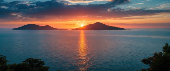 Poster - Serene Sunset Over Calm Sea with Silhouetted Islands Creating a Tranquil Landscape and Vibrant Colors