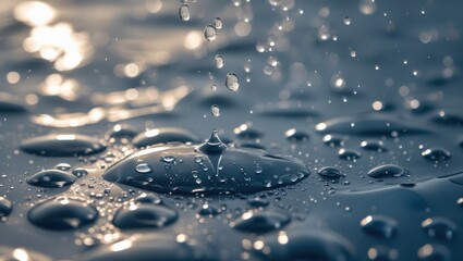 Poster - Close-up view of water droplets on a smooth surface reflecting light creating a serene and tranquil atmosphere