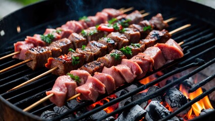 Poster - Traditional Shashlik Preparation Grilled Meat Skewers with Fresh Herbs and Vegetables on Charcoal BBQ for Outdoor Cooking Experience
