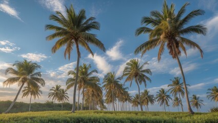 Poster - Tropical Palm Trees Under Blue Sky with Fluffy Clouds in a Summer Landscape Scene