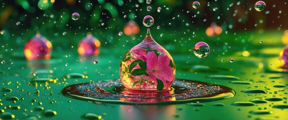 Poster - Water droplets on vibrant green surface reflecting flowers in unique abstract arrangement with light bokeh effect.