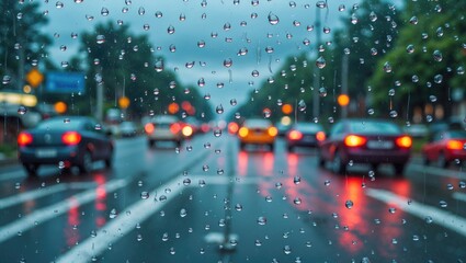 Poster - Traffic jam viewed through a rain-speckled glass pane creating a blurred background with vibrant car lights during a rainy day.