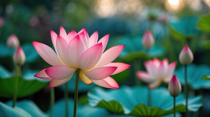 Aufkleber - Delicate pink lotus blossoms in a serene garden setting showcasing soft focus and blurred background for a tranquil atmosphere.