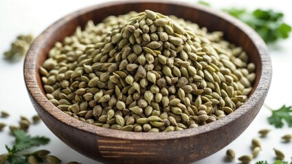 Aufkleber - Wooden bowl filled with fresh coriander seeds surrounded by leaves on a bright background highlighting natural culinary ingredients.
