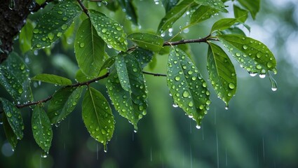 Poster - Fresh Green Leaves Glistening with Water Droplets in a Lush Natural Setting After Rainstorm