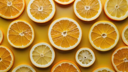 Aufkleber - Fresh citrus fruit slices artfully arranged on a vibrant yellow background showcasing vibrant colors and textures of oranges and lemons.
