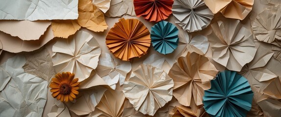 Poster - Colorful paper textures with decorative circular and floral paper designs creating a vibrant background ideal for artistic projects and crafts.