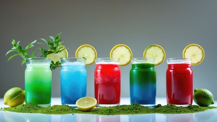 Aufkleber - Colorful Matcha Lemonades Displayed in Glass Jars with Lemon Slices and Fresh Ingredients on White Background, Ideal for Refreshing Beverage Promotions