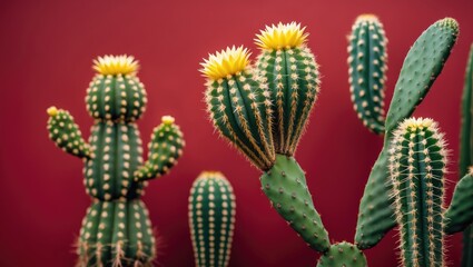 Aufkleber - Red Cactus Plant with Yellow Flowers Against Colorful Background Tropical Nature Botanical Scene with Space for Text