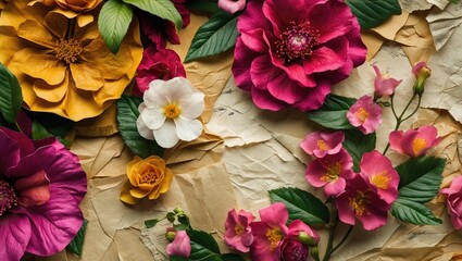 Poster - Vintage paper background with vibrant paper flowers in various colors creating a natural artistic layout perfect for design projects.
