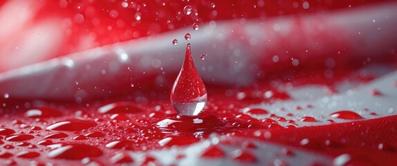 Poster - Water droplet on waterproof fabric with red and white colors showcasing texture and beauty, ideal for backgrounds and copy space design.
