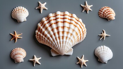 Aufkleber - Elegant Shells and Starfish on Gray Background for Minimalistic Summer Design and Decoration Space