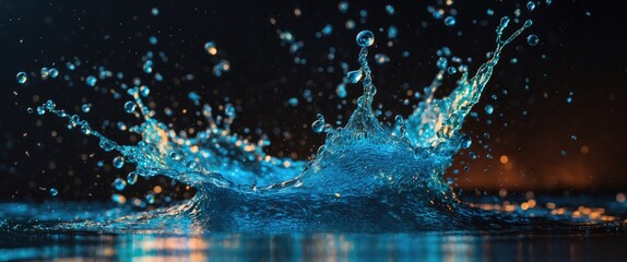 Poster - Dynamic water splash with droplets creating an artistic scene against a dark background showcasing vibrant blue tones and reflections.
