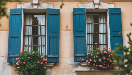 Poster - Charming blue shutters and windows adorned with blooming pink flowers on a vintage building showcasing architectural beauty and character.