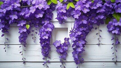 Poster - Vibrant violet wisteria flowers cascading on a white wooden background with a blank space for text or design elements.