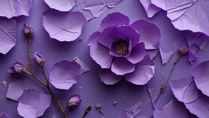 Poster - Purple textured paper background with artistic floral arrangement featuring petals and buds for creative design projects.