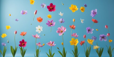 Poster - Colorful Spring Flowers Floating Against a Soft Blue Background with Space for Textçš„å›¾åƒæè¿°ã€‚
