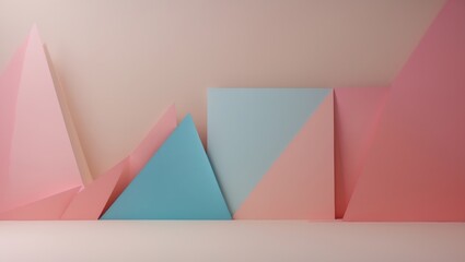 Poster - Geometric paper composition in soft pastel colors creating an empty background ideal for presentations and creative copy space use.