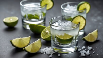 Poster - Tequila Shots Served with Lime and Salt on a Dark Background Garnished with Fresh Lime Wedges and Crushed Ice for a Refreshing Drink Experience