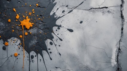 Aufkleber - Grunge concrete wall texture with vibrant orange and black paint splashes, showcasing artistic imperfections and industrial aesthetic qualities.