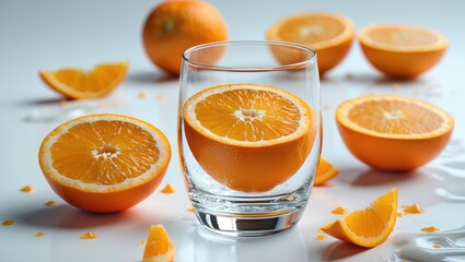 Aufkleber - Fresh Orange Slices in a Glass with Whole Oranges on a White Surface Healthy Refreshing Drink Concept with Space for Text