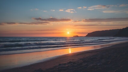 Aufkleber - Beach Sunset Silhouette with Waves and Shoreline Reflection Featuring Empty Space for Text and a Tranquil Atmosphere for Relaxation