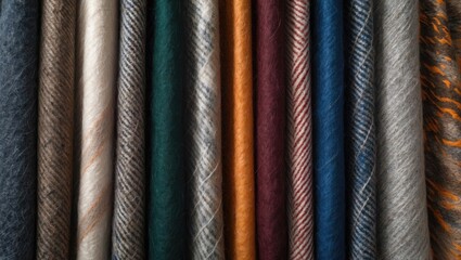 Aufkleber - Collection of vibrant wool fabrics in various textures and colors arranged neatly for textile and fashion design concepts.