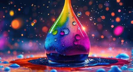 Aufkleber - Vibrant watercolor splash with colorful droplets and reflections on a wet surface creating an artistic and dynamic visual effect