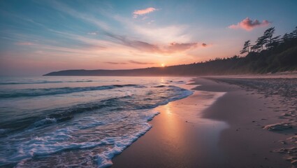 Aufkleber - Tranquil Beach Sunset with Waves and Silhouetted Trees Reflecting Vibrant Colors of Nature and Serenity in a Coastal Landscape
