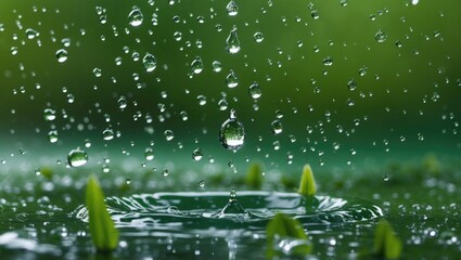 Poster - Refreshing Water Droplets Falling on Vibrant Green Leaves and Surface Creating Ripples in a Peaceful Natural Environment